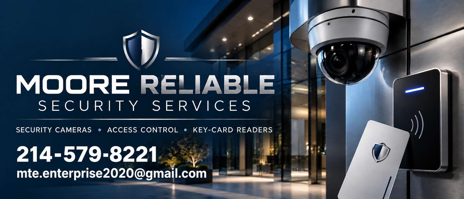 Moore Reliable Security Services branding with a security camera and key-card access reader